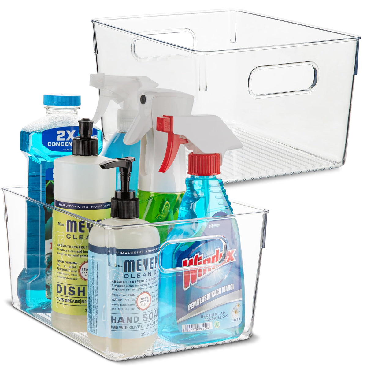 Plastic Food Storage 2 Pack Clear Container Bin with Handles for Organizing Kitchen, Pantry, Refrigerator, Freezer, Pantry, Cabinet, Closet, Bathroom. Stackable 10”x6”x3”