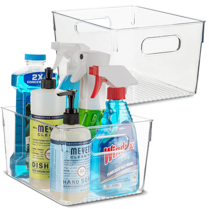 Plastic Food Storage 2 Pack Clear Container Bin with Handles for Organizing Kitchen, Pantry, Refrigerator, Freezer, Pantry, Cabinet, Closet, Bathroom. Stackable 10”x6”x3”