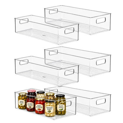 Plastic Food Storage 2 Pack Clear Container Bin with Handles for Organizing Kitchen, Pantry, Refrigerator, Freezer, Pantry, Cabinet, Closet, Bathroom. Stackable 10”x6”x3”
