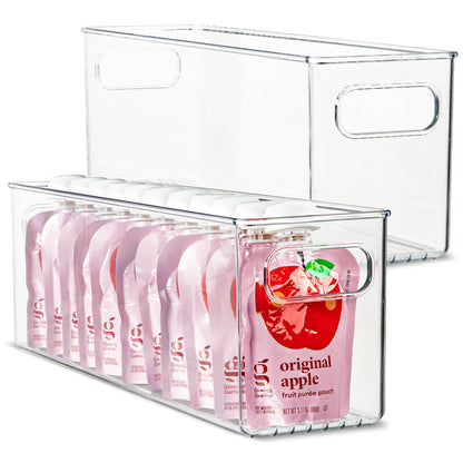 Plastic Food Storage 2 Pack Clear Container Bin with Handles for Organizing Kitchen, Pantry, Refrigerator, Freezer, Pantry, Cabinet, Closet, Bathroom. Stackable 10”x6”x3”
