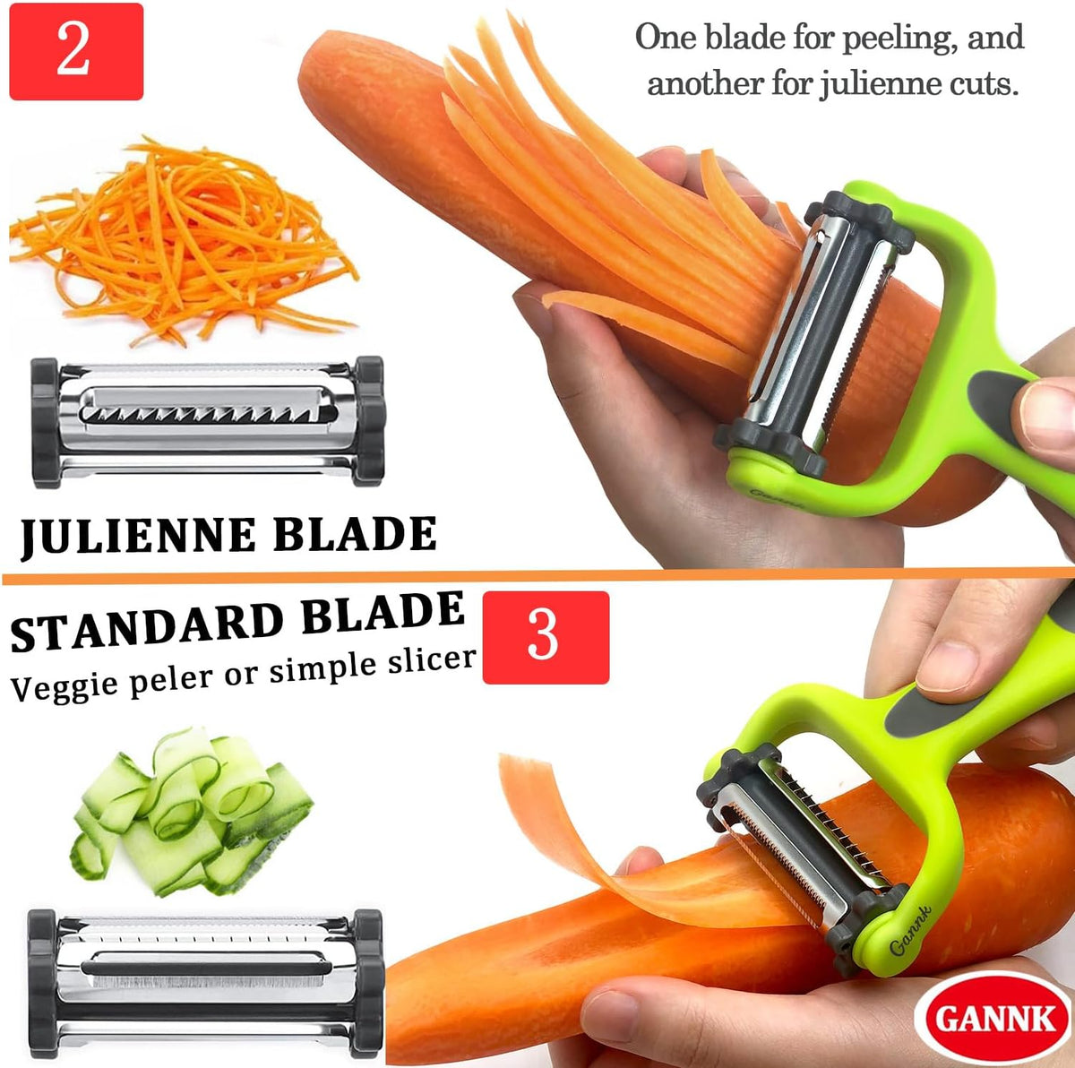 GANNK Potato Apple Vegetable Peelers for Kitchen, I and Y Peelers for Fruit Veggie Potatoes Carrot Cucumber, 3 in 1 Blade Spin Design With Julienne Multifunctional