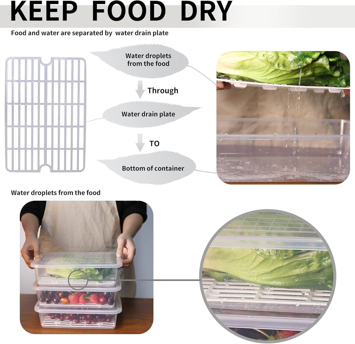 77L Fruit Storage Containers for Fridge, Rectangle Plastic Food Storage Containers with Lids, 3-Pack Deli Meat Container with Removable Drain Plate, Stackable Produce Keeper in Seafood & Berries