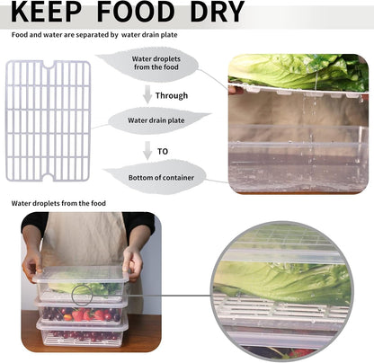 77L Fruit Storage Containers for Fridge, Rectangle Plastic Food Storage Containers with Lids, 3-Pack Deli Meat Container with Removable Drain Plate, Stackable Produce Keeper in Seafood & Berries