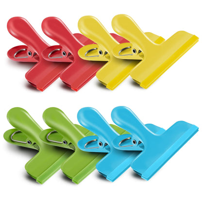 HOUSE AGAIN 8 Pack Stainless Steel Chip Bag Clips Covered with Silicone - NO More Sharp Edges - Color Coded for Food Bags - Air Tight Seal, Heavy Duty for Kitchen and Office, 3 Inches