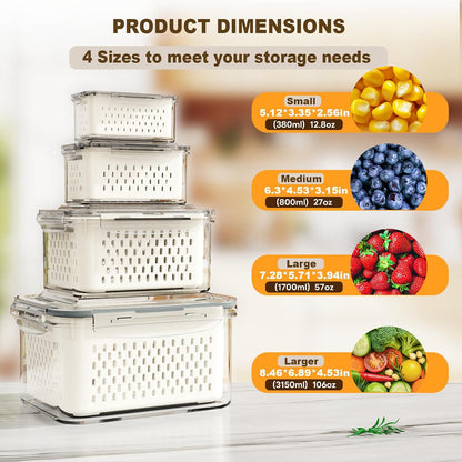 Dayacoco Fruit Storage Containers for Fridge 4 Pcs with Drain Basket