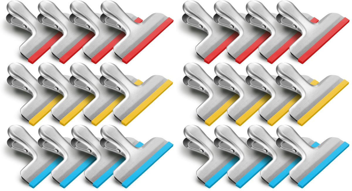 HOUSE AGAIN 8 Pack Stainless Steel Chip Bag Clips Covered with Silicone - NO More Sharp Edges - Color Coded for Food Bags - Air Tight Seal, Heavy Duty for Kitchen and Office, 3 Inches
