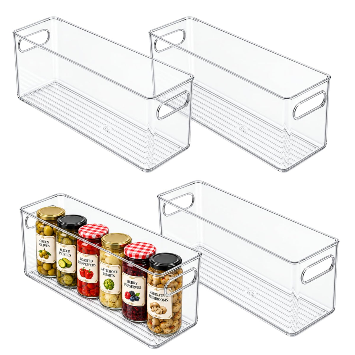 Plastic Food Storage 2 Pack Clear Container Bin with Handles for Organizing Kitchen, Pantry, Refrigerator, Freezer, Pantry, Cabinet, Closet, Bathroom. Stackable 10”x6”x3”