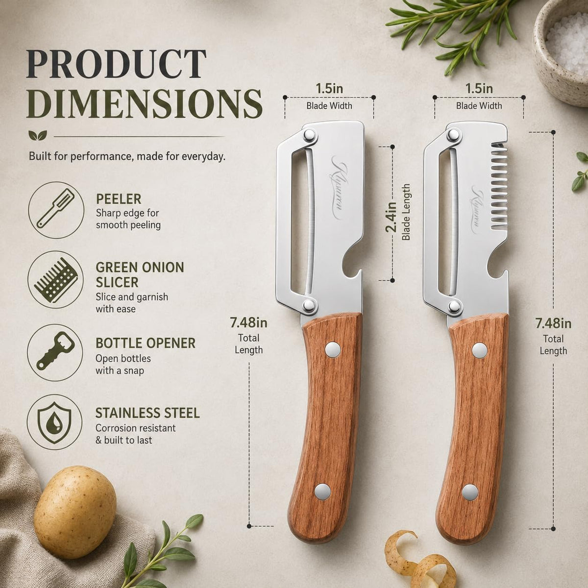 3-in-1 Vegetable Peeler with Bottle Opener, Wooden Handle