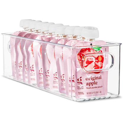 Plastic Food Storage 2 Pack Clear Container Bin with Handles for Organizing Kitchen, Pantry, Refrigerator, Freezer, Pantry, Cabinet, Closet, Bathroom. Stackable 10”x6”x3”