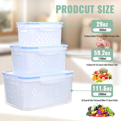 3 PCS Fruit Storage Containers for Fridge with Removable Colander