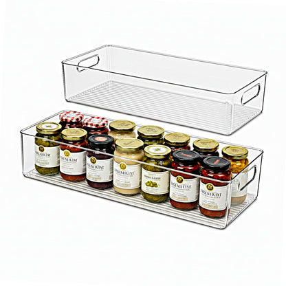 Plastic Food Storage 2 Pack Clear Container Bin with Handles for Organizing Kitchen, Pantry, Refrigerator, Freezer, Pantry, Cabinet, Closet, Bathroom. Stackable 10”x6”x3”