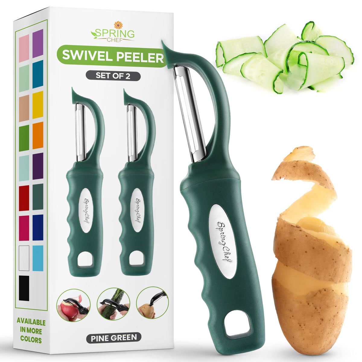 Spring Chef Swivel Vegetable Peeler with Soft Grip Handle, Set of 2, Black