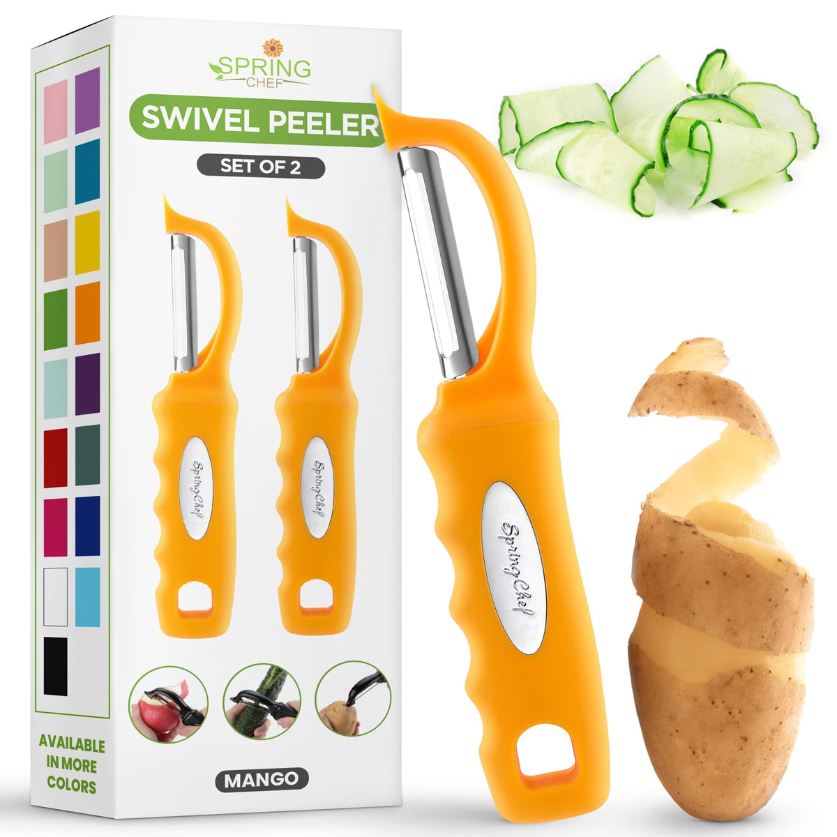 Spring Chef Swivel Vegetable Peeler with Soft Grip Handle, Set of 2, Black