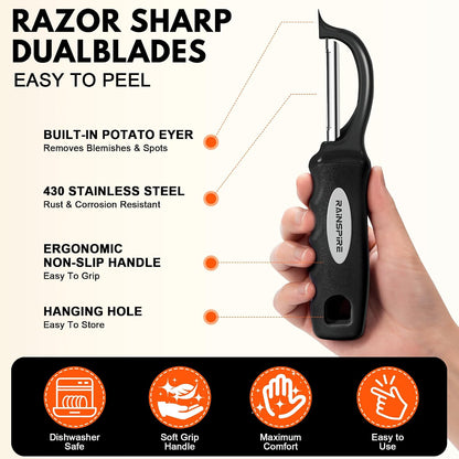 Swivel Vegetable Peeler Soft Comfort Handle Sturdy Long-Lasting 2Pcs Black