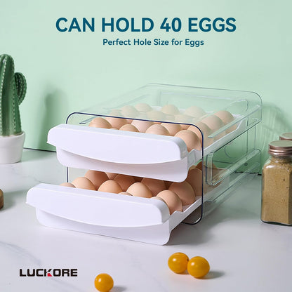 Luckore 2 Tier Egg Holder for Fridge Container for 40 Eggs with Drawer