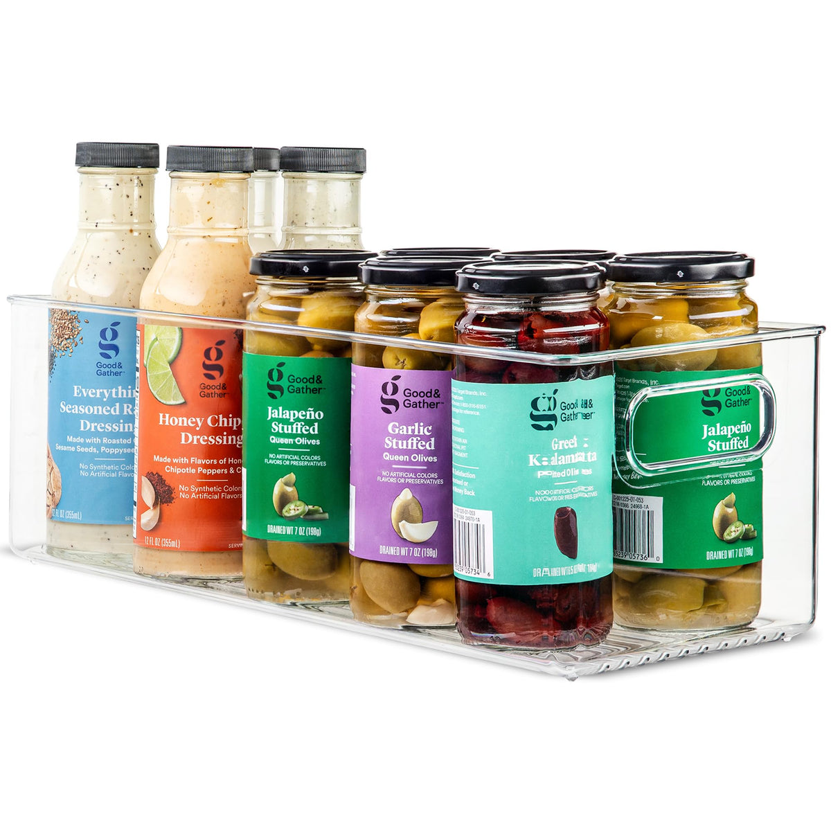 Plastic Food Storage 2 Pack Clear Container Bin with Handles for Organizing Kitchen, Pantry, Refrigerator, Freezer, Pantry, Cabinet, Closet, Bathroom. Stackable 10”x6”x3”