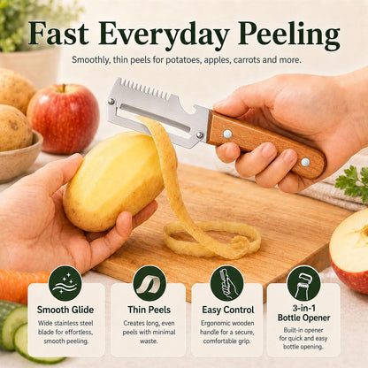 2026 upgrade 3-in-1 Vegetable Peeler with Wooden Handle, Stainless Steel Julienne Peeler and Scallion Shredder with Bottle Opener, Multi-Function Kitchen Peeler for Everyday Prep（1PCS)