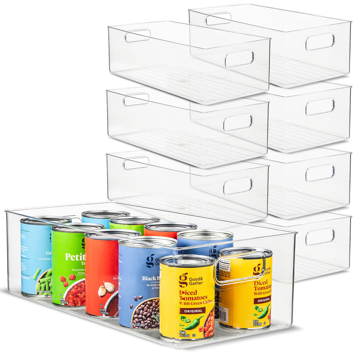 Plastic Food Storage 2 Pack Clear Container Bin with Handles for Organizing Kitchen, Pantry, Refrigerator, Freezer, Pantry, Cabinet, Closet, Bathroom. Stackable 10”x6”x3”