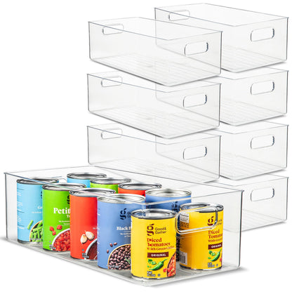 Plastic Food Storage 2 Pack Clear Container Bin with Handles for Organizing Kitchen, Pantry, Refrigerator, Freezer, Pantry, Cabinet, Closet, Bathroom. Stackable 10”x6”x3”