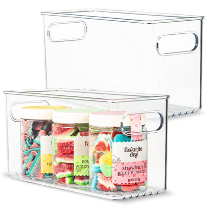 Plastic Food Storage 2 Pack Clear Container Bin with Handles for Organizing Kitchen, Pantry, Refrigerator, Freezer, Pantry, Cabinet, Closet, Bathroom. Stackable 10”x6”x3”