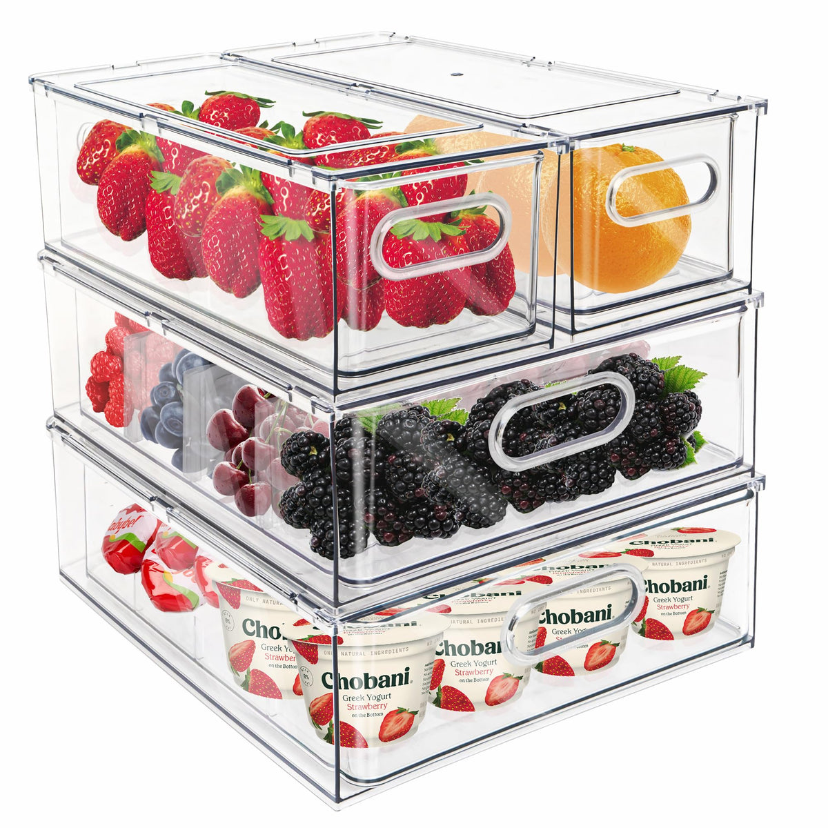 Mano Fridge Drawer Pull Out Stackable Bins with Handle Clear Refrigerator Drawers Organizer Food Storage Container Box with Dividers Plastic Produce Saver for Pantry, Cabinet, Kitchen, Clothes（4Pack）