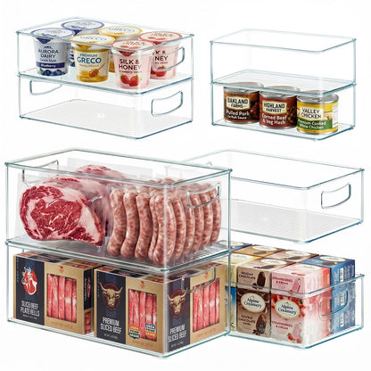 Heyuzb 8 PACK Freezer Organizer Bins Fridge Organizers and Storage Stackable Refrigerator Organizers Bins with Side Handles Clear Storage Bins for Pantry, Under Sink, Kitchen Cabinet
