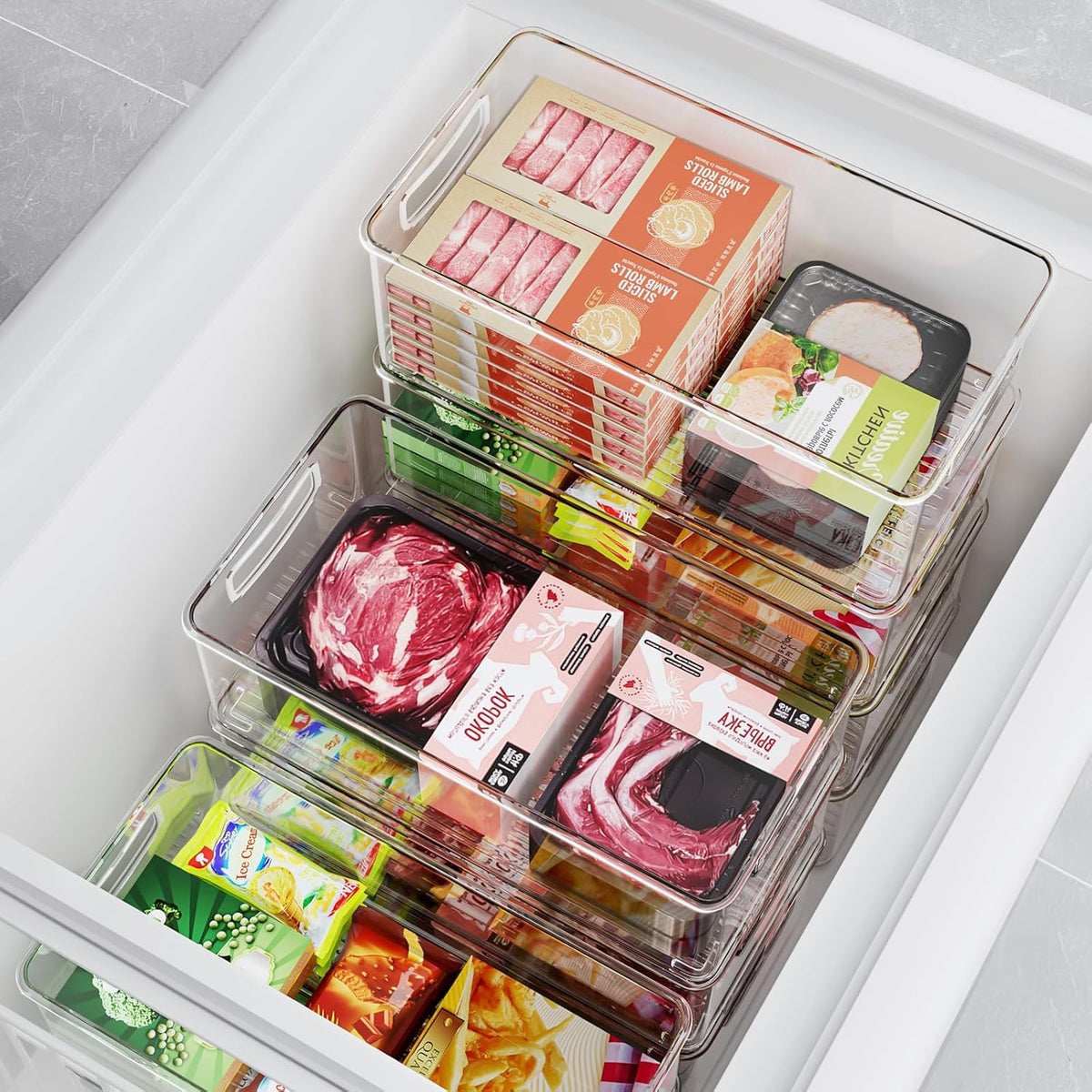 Heyuzb 8 PACK Freezer Organizer Bins Fridge Organizers and Storage Stackable Refrigerator Organizers Bins with Side Handles Clear Storage Bins for Pantry, Under Sink, Kitchen Cabinet