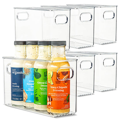 Plastic Food Storage 2 Pack Clear Container Bin with Handles for Organizing Kitchen, Pantry, Refrigerator, Freezer, Pantry, Cabinet, Closet, Bathroom. Stackable 10”x6”x3”