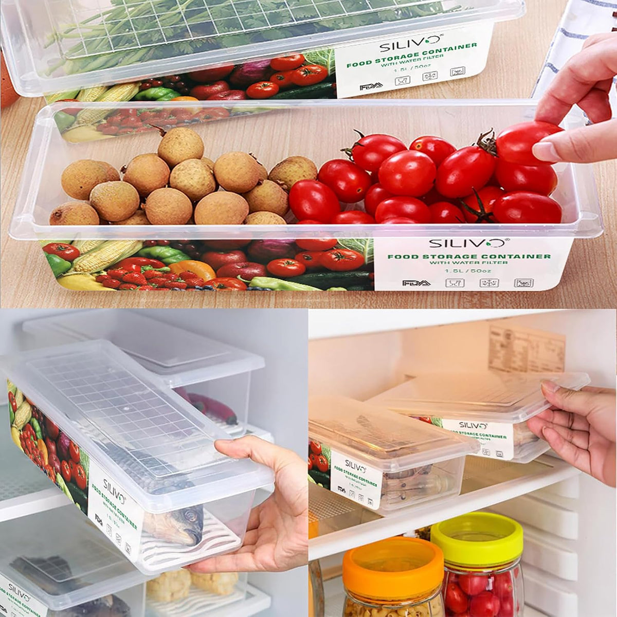3 Pack 1.5L Fruit Storage Containers for Fridge with Removable Drain Tray
