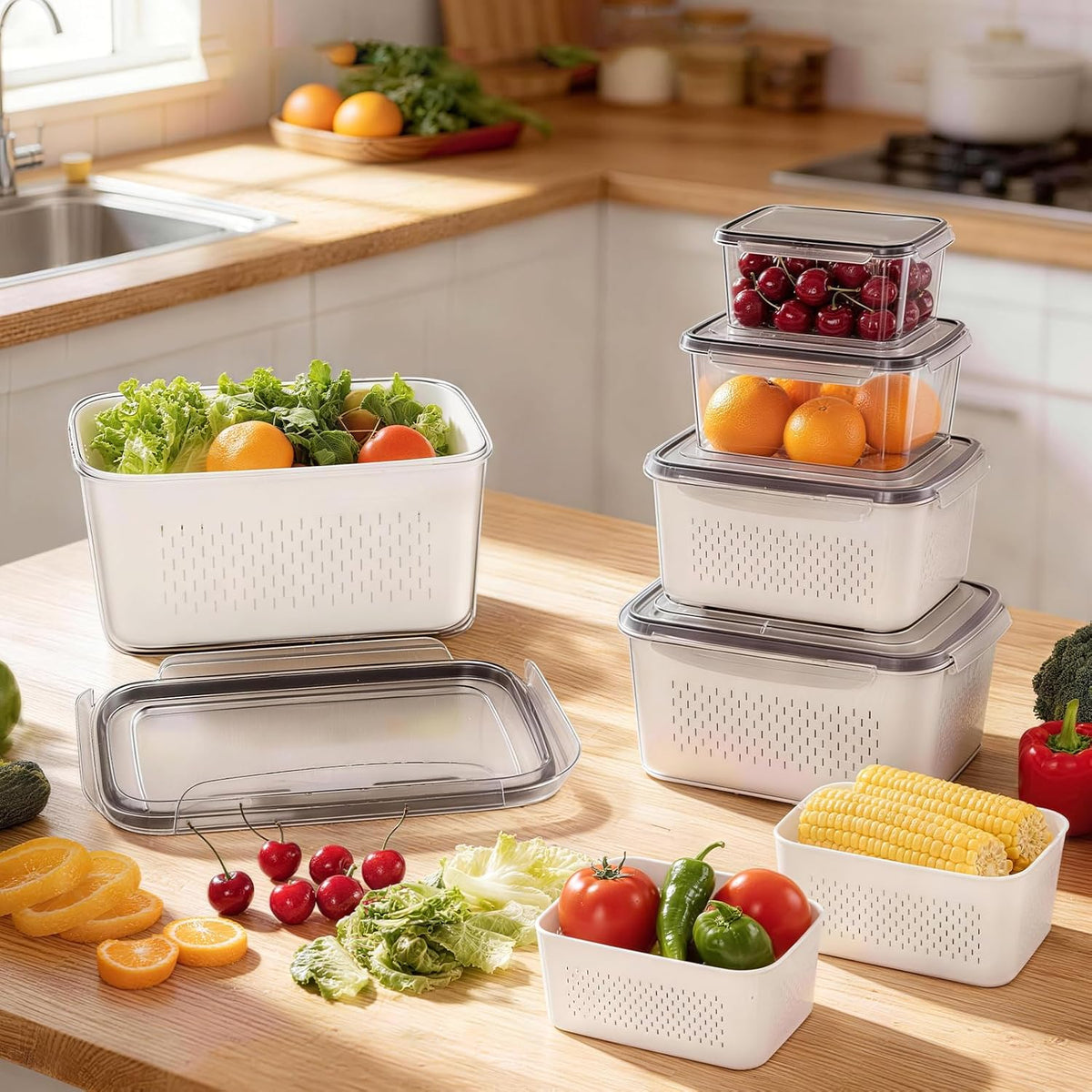 5 Pack Fruit Storage Containers for Fridge, Plastic Fruit Containers Set