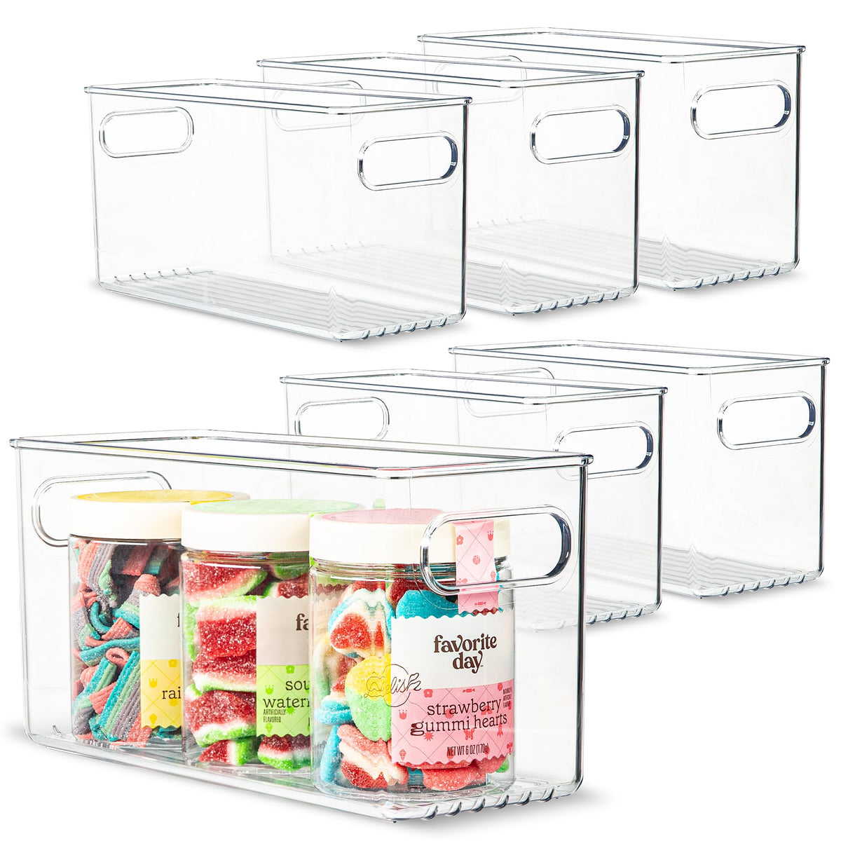 Plastic Food Storage 2 Pack Clear Container Bin with Handles for Organizing Kitchen, Pantry, Refrigerator, Freezer, Pantry, Cabinet, Closet, Bathroom. Stackable 10”x6”x3”