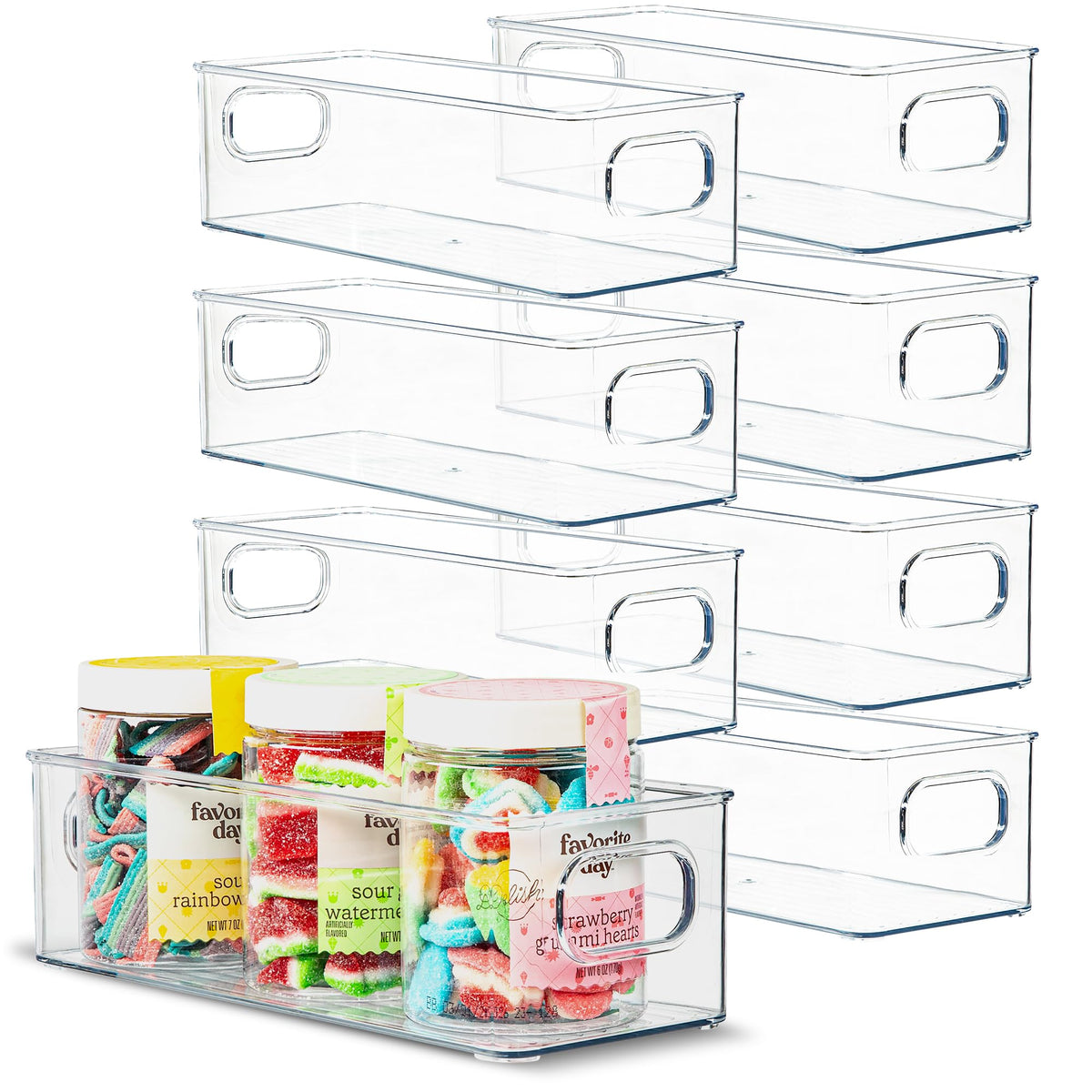 Plastic Food Storage 2 Pack Clear Container Bin with Handles for Organizing Kitchen, Pantry, Refrigerator, Freezer, Pantry, Cabinet, Closet, Bathroom. Stackable 10”x6”x3”