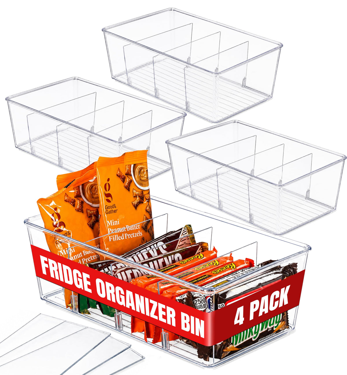Oizeir Clear Pantry Organizer Bins 8-Pack - Fridge Organizer with 3 Removable Dividers, Ideal for Kitchen, Pantry, Refrigerator, Freezer, and Snack Storage
