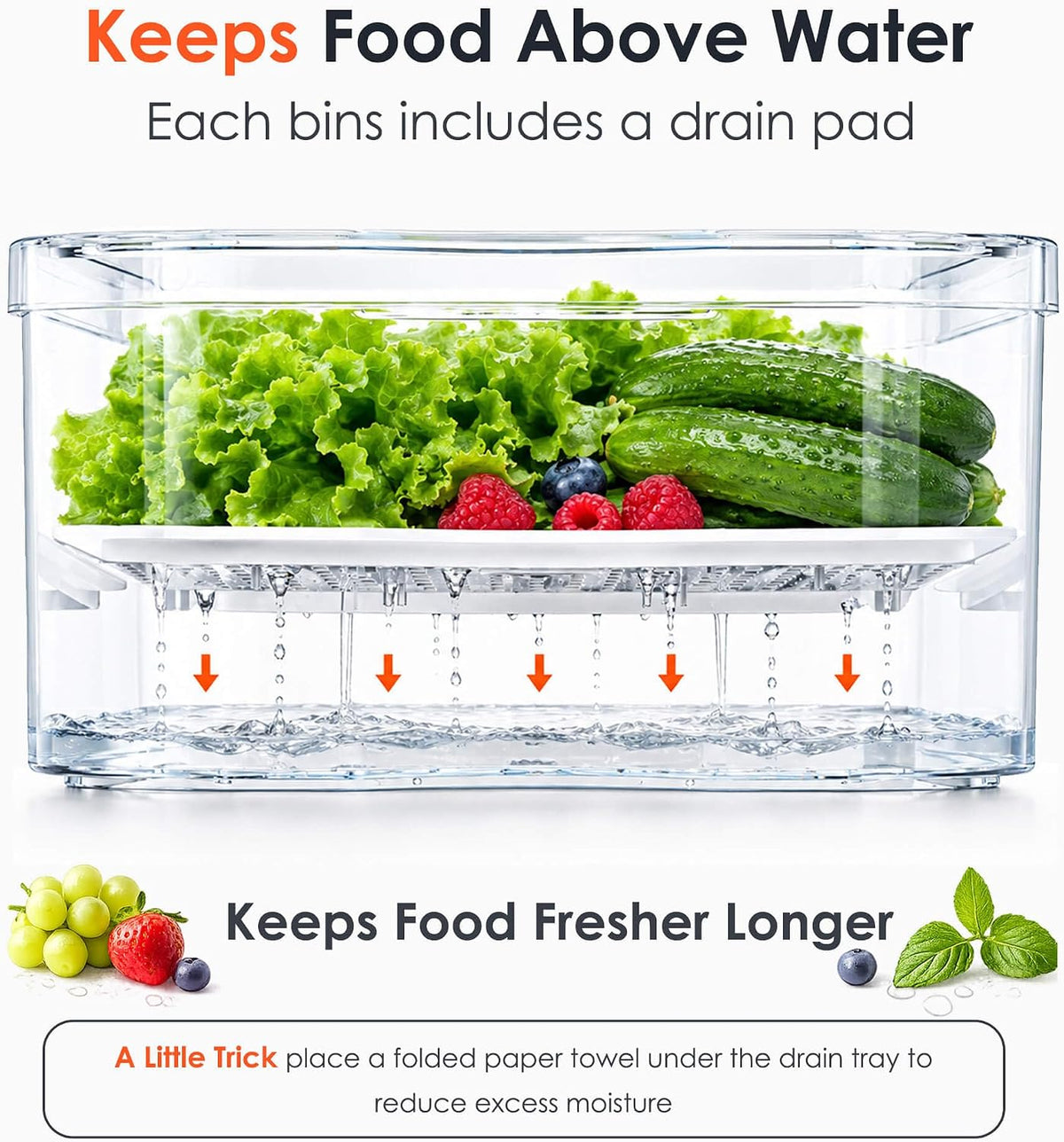 SMRCAD 6 Pack Clear Fridge Organizer Bins with Drain Trays - Stackable