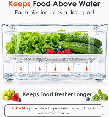SMRCAD 6 Pack Clear Fridge Organizer Bins with Drain Trays - Stackable