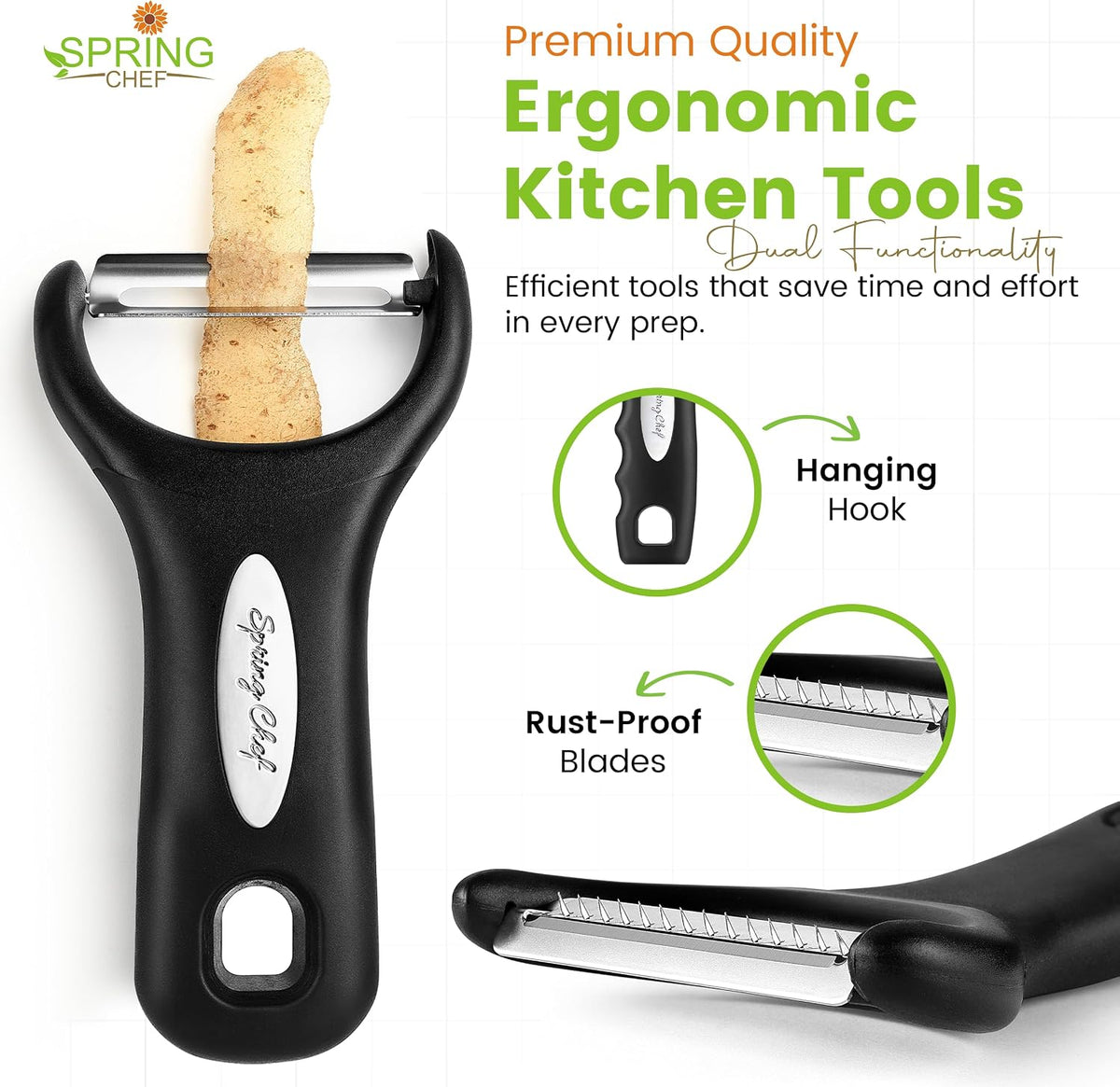 Spring Chef 3pcs Vegetable Peelers for Kitchen, Swivel, Y & Julienne Peeler