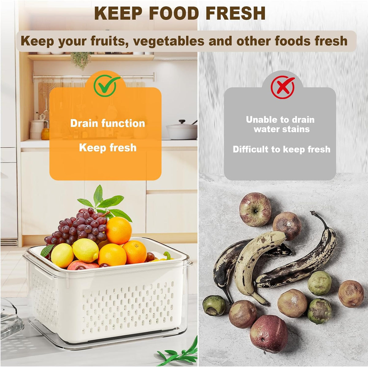 Dayacoco Fruit Storage Containers for Fridge 4 Pcs with Drain Basket