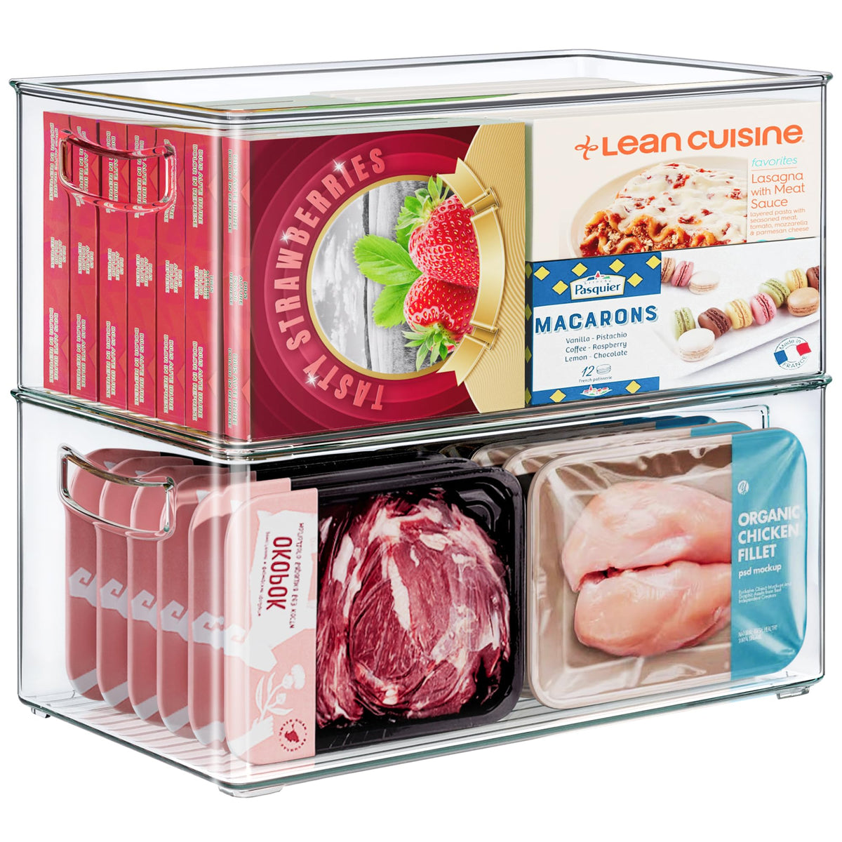 Heyuzb 8 PACK Freezer Organizer Bins Fridge Organizers and Storage Stackable Refrigerator Organizers Bins with Side Handles Clear Storage Bins for Pantry, Under Sink, Kitchen Cabinet