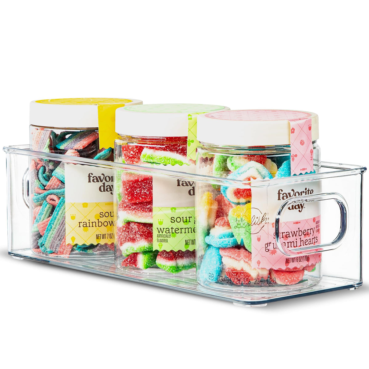 Plastic Food Storage 2 Pack Clear Container Bin with Handles for Organizing Kitchen, Pantry, Refrigerator, Freezer, Pantry, Cabinet, Closet, Bathroom. Stackable 10”x6”x3”