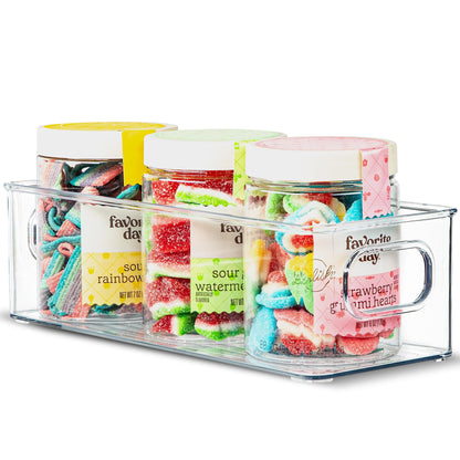 Plastic Food Storage 2 Pack Clear Container Bin with Handles for Organizing Kitchen, Pantry, Refrigerator, Freezer, Pantry, Cabinet, Closet, Bathroom. Stackable 10”x6”x3”
