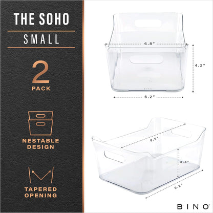 BINO | Plastic Storage Bins, Small - 2 Pack, Clear | THE SOHO COLLECTION | Pantry Organizers and Storage Containers Fridge Organizer Bins Kitchen Cabinet Organizer Medicine Cabinet Bin