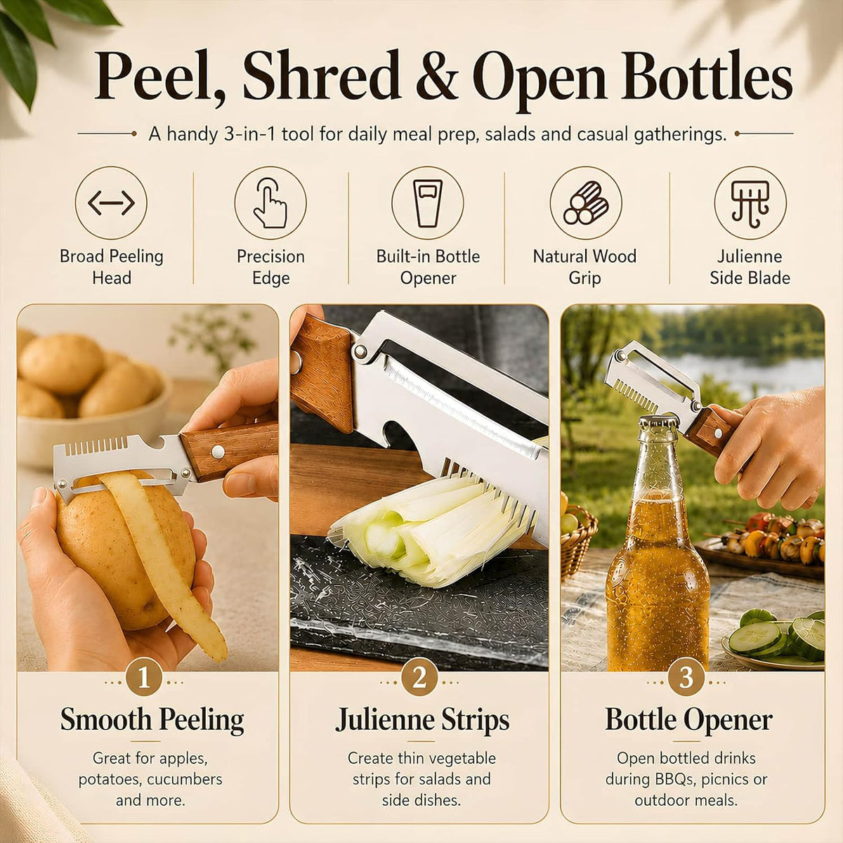 2026 upgrade 3-in-1 Vegetable Peeler with Wooden Handle, Stainless Steel Julienne Peeler and Scallion Shredder with Bottle Opener, Multi-Function Kitchen Peeler for Everyday Prep（1PCS)