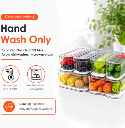 SMRCAD 6 Pack Clear Fridge Organizer Bins with Drain Trays - Stackable