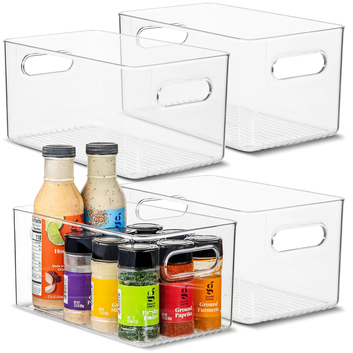 Plastic Food Storage 2 Pack Clear Container Bin with Handles for Organizing Kitchen, Pantry, Refrigerator, Freezer, Pantry, Cabinet, Closet, Bathroom. Stackable 10”x6”x3”