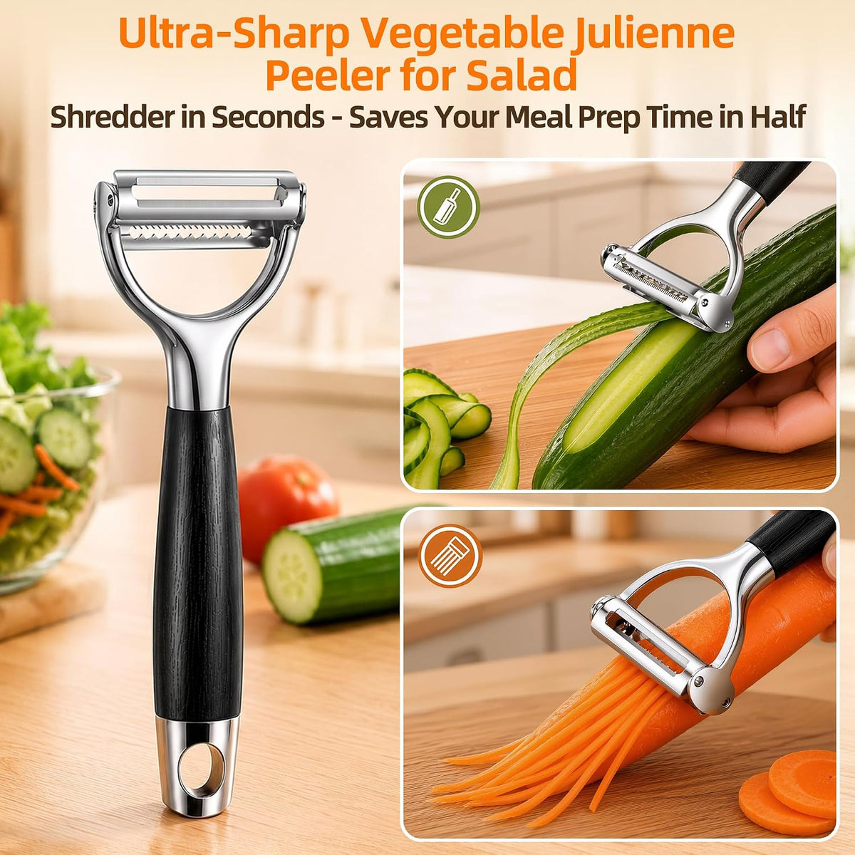Ultra-Sharp Vegetable Julienne Peeler for Salad: Shreds in Seconds