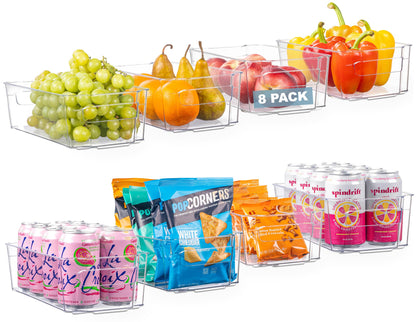 Oizeir Clear Pantry Organizer Bins 8-Pack - Fridge Organizer with 3 Removable Dividers, Ideal for Kitchen, Pantry, Refrigerator, Freezer, and Snack Storage