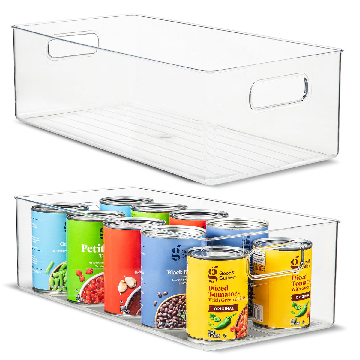 Plastic Food Storage 2 Pack Clear Container Bin with Handles for Organizing Kitchen, Pantry, Refrigerator, Freezer, Pantry, Cabinet, Closet, Bathroom. Stackable 10”x6”x3”