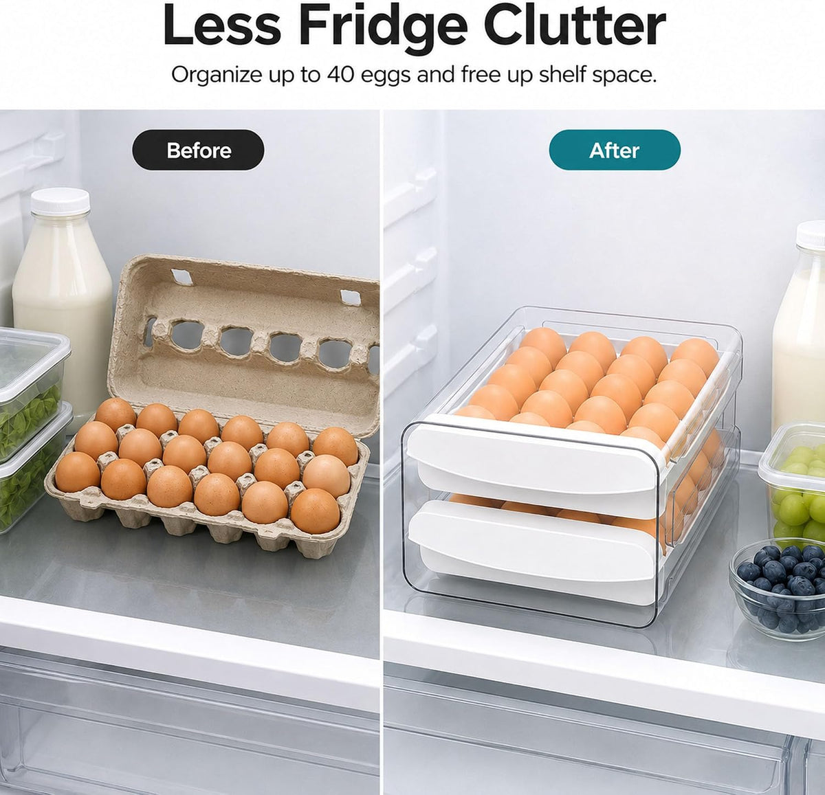 Egg Holder for Fridge, 40-Egg Refrigerator Organizer with Drawers