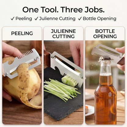 3-in-1 Vegetable Peeler/Julienne Cutter/Bottle Opener - Wooden Handle（V1）
