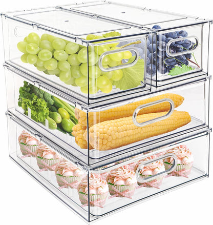 3Pack Fridge Organizer Drawer Divider Cube Pull-Out Bins Clear Food Container Refrigerator Storage box Produce Saver for Pantry Kitchen Cabinet